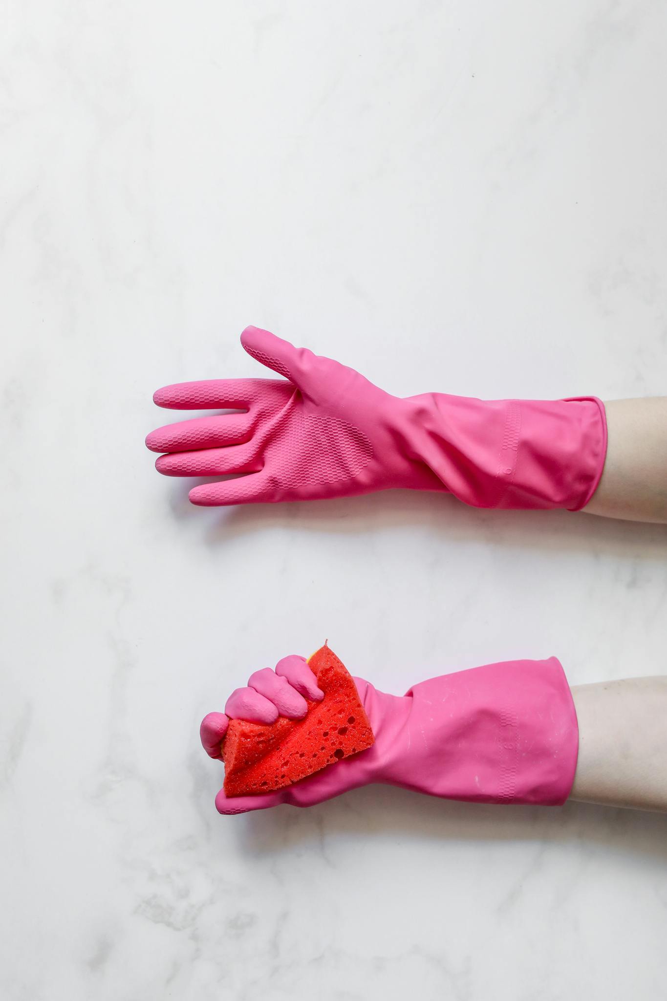 Two hands wearing pink gloves holding a red sponge against a white marble background, showcasing cleaning or sanitation.